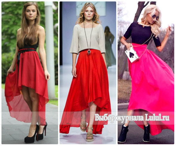 ассиметричная длинная красная юбка